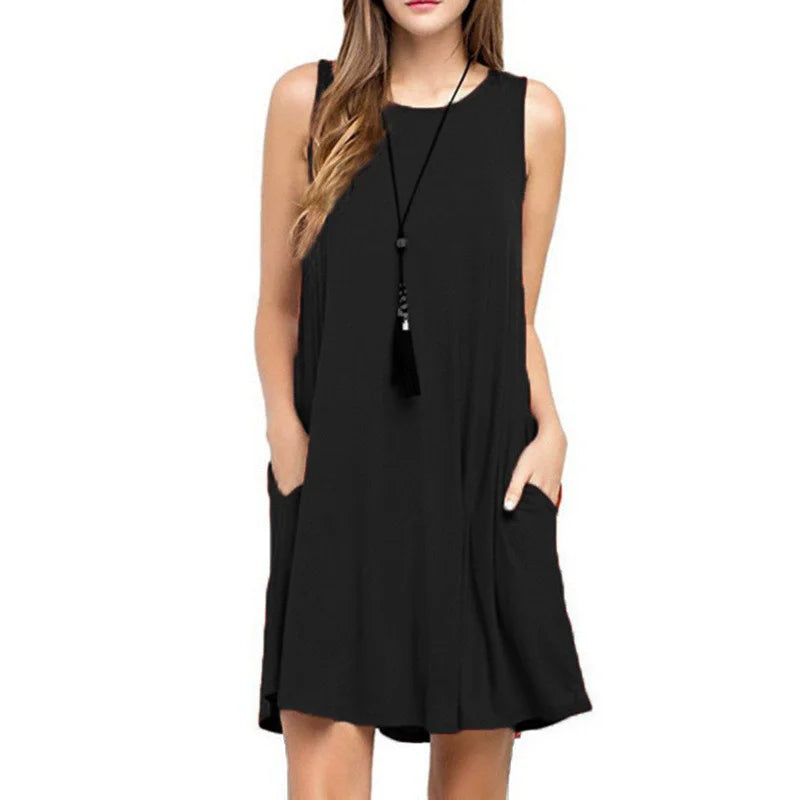Women Dress Summer Casual Sleeveless T Shirt Dresses Beach Cover Up Plain Pleated Tank Pockets Dress Vacation Style
