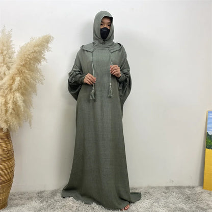 Hot Seller Ramadan Islamic Clothing Wrinkle Polyester Hoodie Abaya Dress With Undercap Muslim Women Abaya Hoodie Causal Dresses