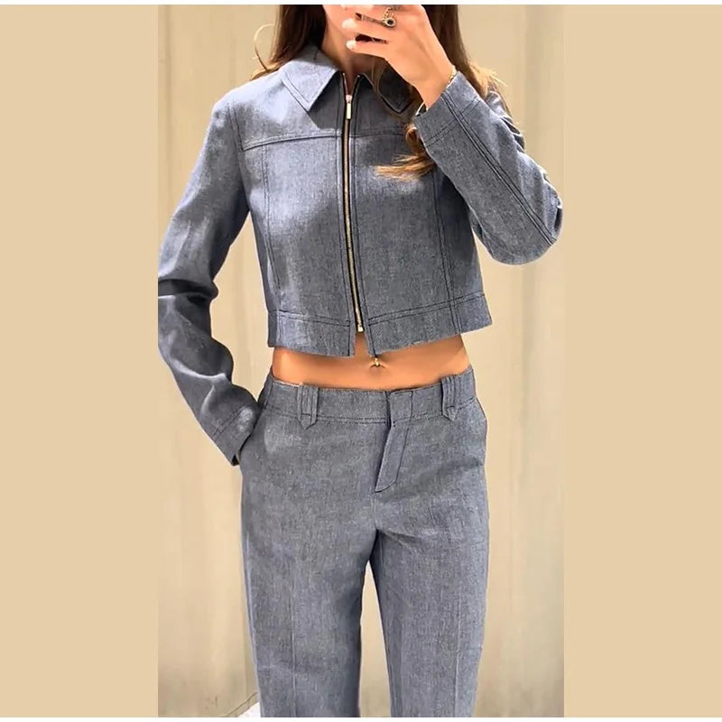 Casual Coats Pants Sets Women'S Turn-down Collar Long Sleeve Zippers Tops High Waist  Trousers 2026 Spring New Lady Chic Suit