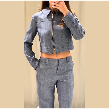Casual Coats Pants Sets Women'S Turn-down Collar Long Sleeve Zippers Tops High Waist  Trousers 2026 Spring New Lady Chic Suit