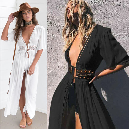 Women's Summer Dress Lady Lace Boho Beach Swimsuit Bikini Cover Up Lace-Up Long Blouse Hollow Out Sun Protection Cardigan Shawl