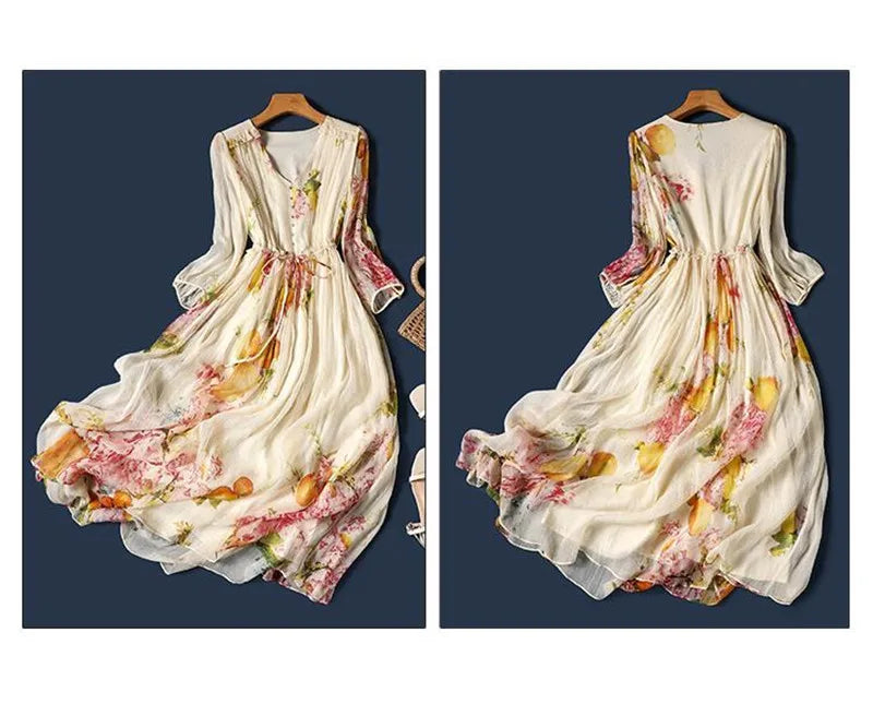 Limiguyue Summer Floral Print Silk Dresses Double Layers Ruffle Beaded Button A-Line Dress Elegant Chiffon Long Vestidos Z044