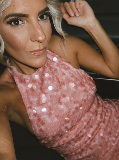 Halter Collar Bead Dress Sequin Glitter Lace Up Hanging Neck Fashion Sexy Backless Socialite Party Gown Pink Beach Short Dresses