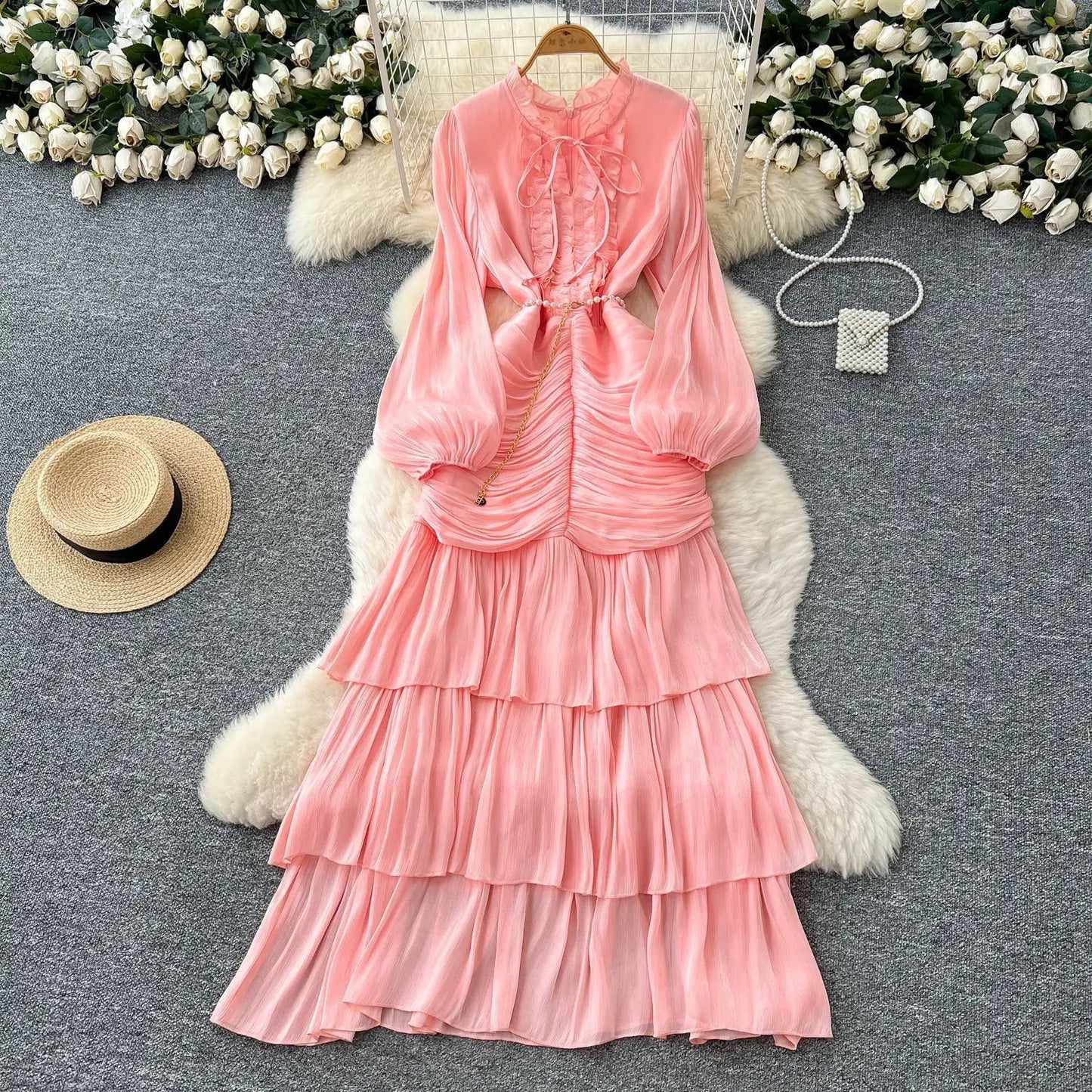 Elegant Autumn Ruffles Long Sleeve Maxi Mermaid Dress Women Hollow Out Casual Satin Fishtail Cake Dresses Prom Evening Vestidos
