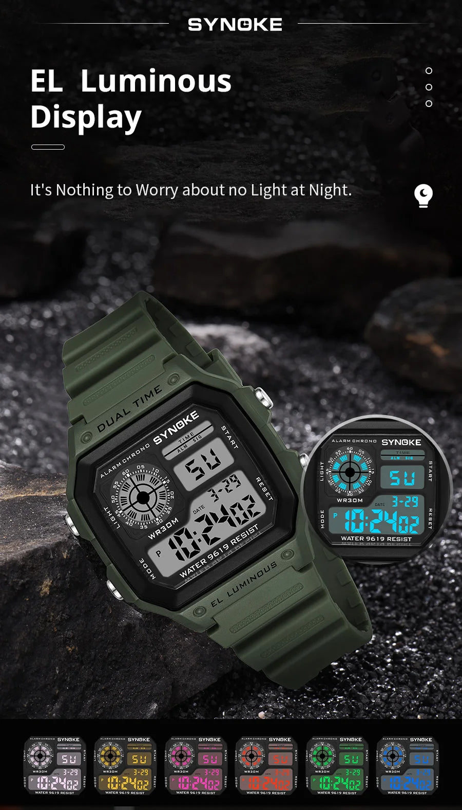 SYNOKE Digital Watches Men Sports Luminous Multifunction Waterproof Chrono Wristwatch Outdoor and Running Student Seven Light
