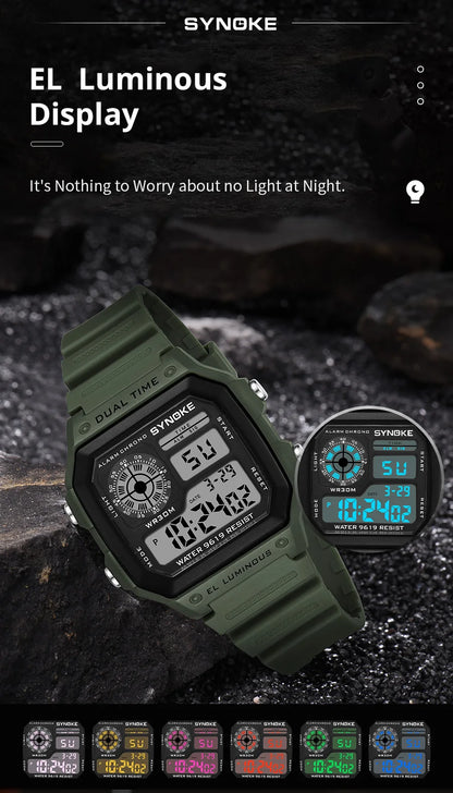 SYNOKE Digital Watches Men Sports Luminous Multifunction Waterproof Chrono Wristwatch Outdoor and Running Student Seven Light
