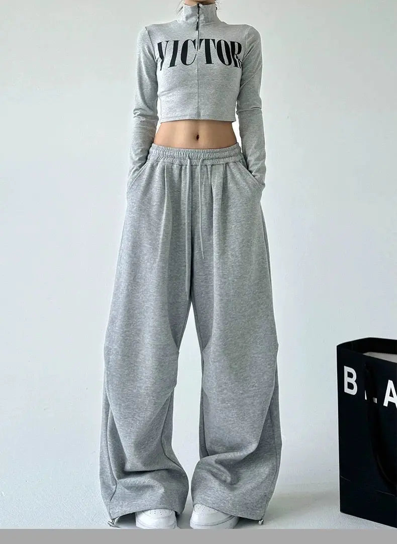 2025 New Harajuku Wide Leg Sweatpants Women Streetwear Baggy Oversize Gray Sports Pants Woman Drawstring Casual Joggers Trousers