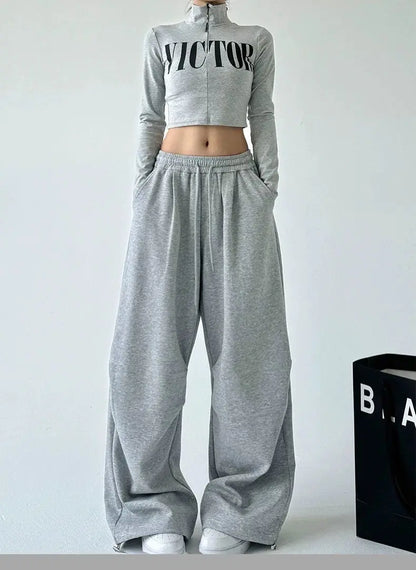 2025 New Harajuku Wide Leg Sweatpants Women Streetwear Baggy Oversize Gray Sports Pants Woman Drawstring Casual Joggers Trousers