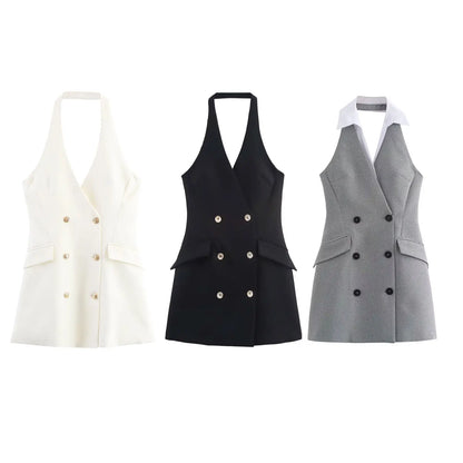 HH Female Sexy Mini Dress Grey Turn-Down Collar Sleeveless Backless Double Breasted Summer A-Line Dresses Woman New Trendy