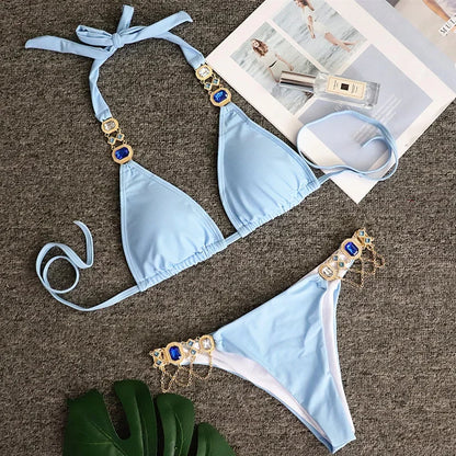 2026 Shiny Rhinestone Diamond Bikini Women Swimsuit Female Swimwear Two Pieces Bikini Set Halter Metal Chains Bathing Suit Swim