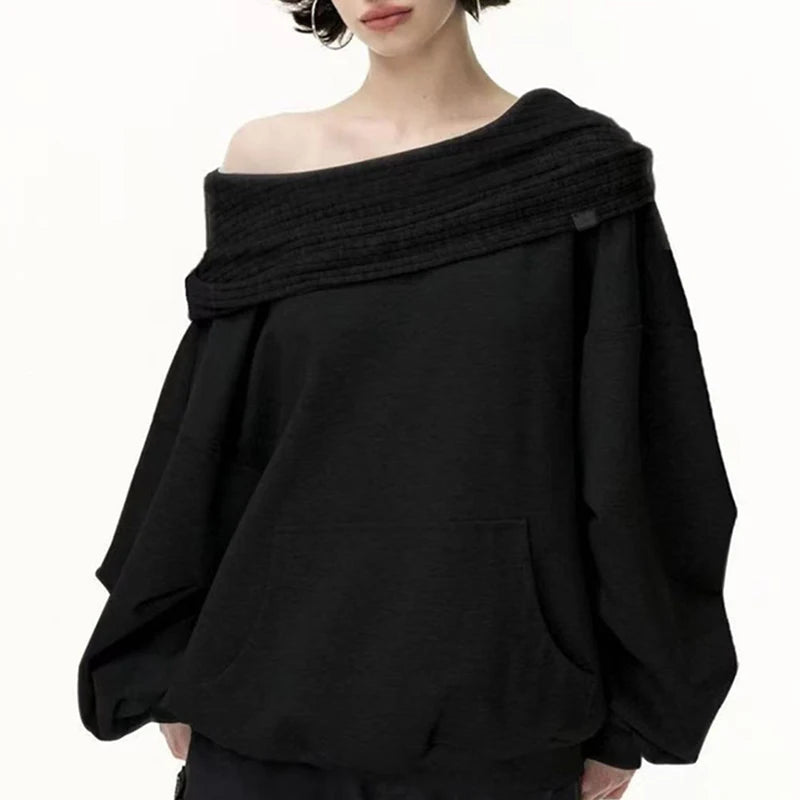 Knit Patchwork Sweatshirt Women Loose Casual Long Sleeve Sporty Top Spring Fall Chic Lazy Off Shoulder Harajuku Y2K Coat