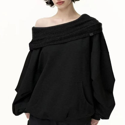 Knit Patchwork Sweatshirt Women Loose Casual Long Sleeve Sporty Top Spring Fall Chic Lazy Off Shoulder Harajuku Y2K Coat