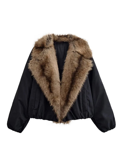Brown Faux Fur Collar Leather Jacket Women Oversize Design Long Sleeve Coat 2025 Fashion Luxurious Versatile Bomber Outerwear