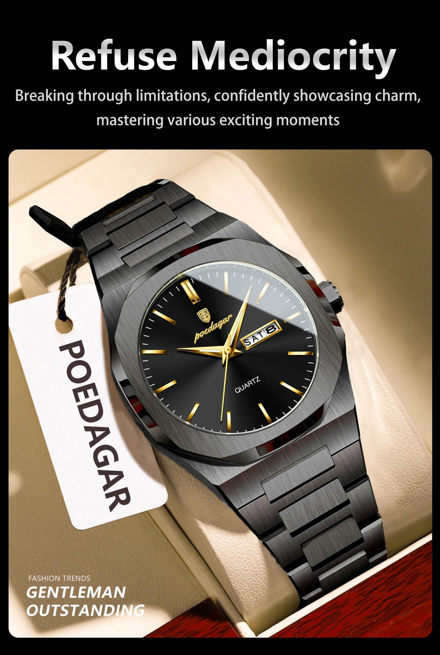 POEDAGAR Fashion Brand Man Clock Luminous Waterproof Stainless Steel Men's Watch Date Week Quartz Business Watches For Men Reloj
