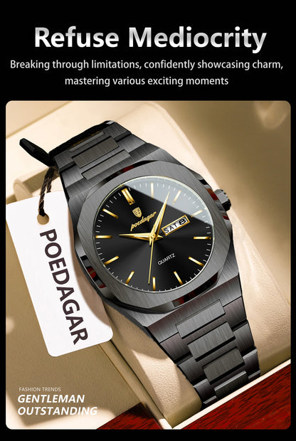 POEDAGAR Fashion Brand Man Clock Luminous Waterproof Stainless Steel Men's Watch Date Week Quartz Business Watches For Men Reloj