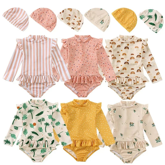 Girls Cute Backless Floral One-piece Swimsuit Baby Bikini Swimwear with hat Sun-proof Beach Vacation Toddlers Kids Chic Swimsuit