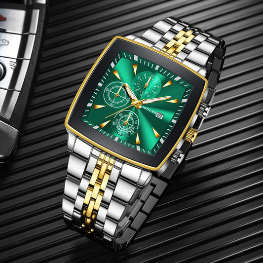 Luxury Stainless Steel Man Calendar Business Watches Fashion Square Dial Men Quartz Wristwatch Reloj Hombre (Without Box)