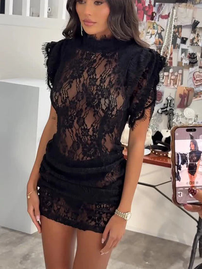 Lace Patchwork Pleated Mini Dress Lady Sexy High Collar Sleeveless Cinched-waist Slim Dresses Women 2026 Evening Party Vestidos