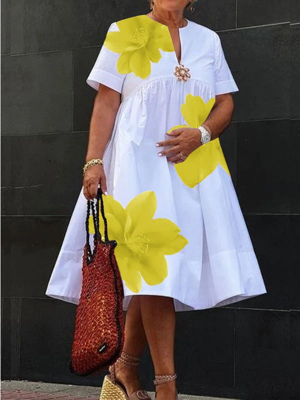 Modigirl Women's Summer New Dress 2025 V-Neck Pleated Short Sleeves White Loose Flower Print Casual Midi Dresses for Woman