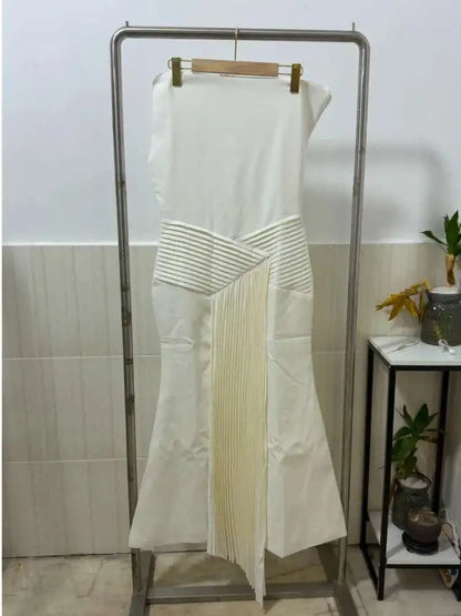 DEAT 2026 Spring Elegant Dress Skew Collar Pleated Design Sleeveless Patchwork High Waist Women's Evening Dresses New 35Z1402