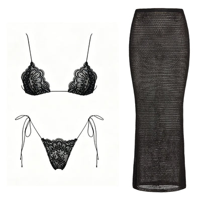 Mesh Bikini with Pants Swimsuit Brazilan Bikini Set Swimwear for Women Lace Halter Shirring 3 Pcs Bathing Suits Summer Female