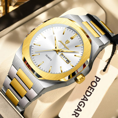 POEDAGAR Fashion Brand Man Clock Luminous Waterproof Stainless Steel Men's Watch Date Week Quartz Business Watches For Men Reloj