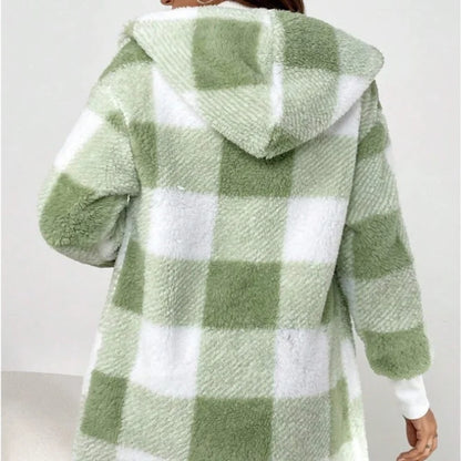 Women Autumn Winter Double Fleece Plaid Cardigan Soft Loose Long Sleeve Plush Warm Hooded Jacket Female Patchwork Outerwear Coat