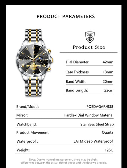 POEDAGAR Luxury Men Clock Waterproof Luminous Chronograph Sport Man Wristwatch Stainless Steel Fahion Quartz Men's Watches Reloj