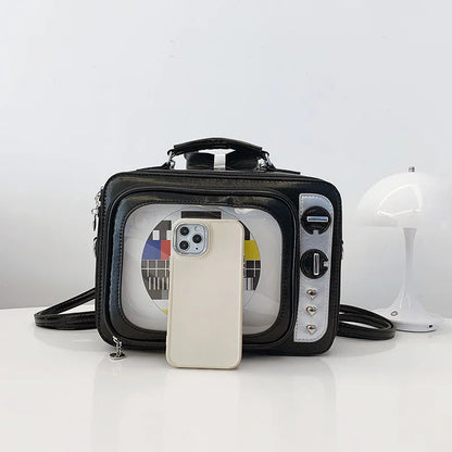 Cartoon Cute Handbags for Women Funny Retro TV Transparent Square Bag Fashion Leather Personalized Creative Shoulder Bag Woman