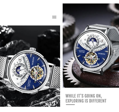 OCHSTIN Men's Stainless Steel Mesh Bracelet Watches Man High-Grade Cooktop Glass Skeleton Mechanical Flying Tourbillon Watch