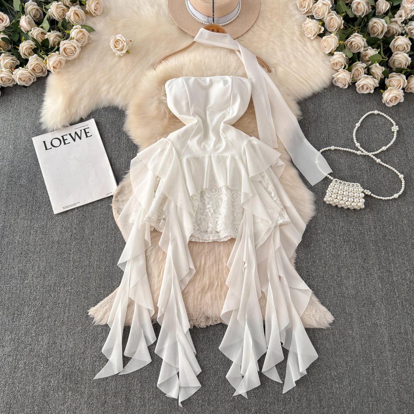 Foamlina French Style White Strapless Dress Women Summer Lace Irregular Flanged Ribbon Design Girl's Holiday Shopping Dresses