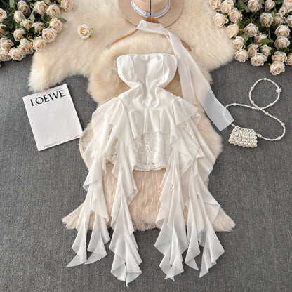 Foamlina French Style White Strapless Dress Women Summer Lace Irregular Flanged Ribbon Design Girl's Holiday Shopping Dresses