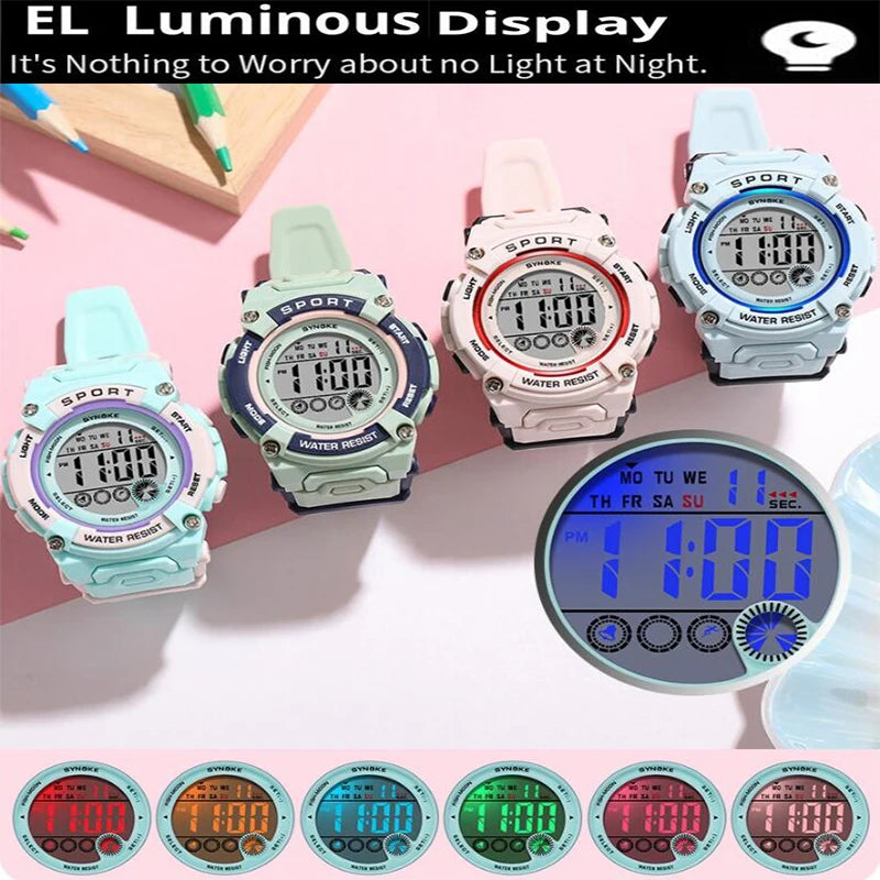 Synoke Shockproof Digital Sport's Watches Fashion PU Strap 50M Waterproof Colorful Light Led Chronograph Women's Wristwatch