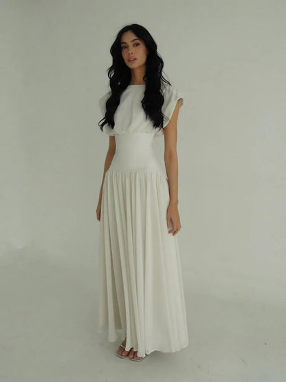 Elegant Sleeveless Girdling Long Dress Women O-neck High Waist Solid A-line Long Big Swing Dresses 2025 Summer Holiday Lady Robe