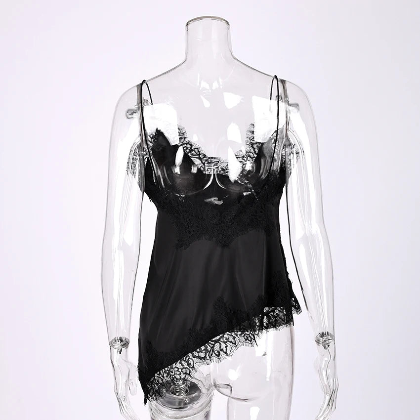 Linad Sexy Black Backless Lace Camisole Women Street Chic Spaghetti Strap Tops Female Casual Patchwork Silk Vest Female 2025