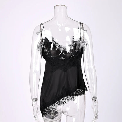 Linad Sexy Black Backless Lace Camisole Women Street Chic Spaghetti Strap Tops Female Casual Patchwork Silk Vest Female 2025