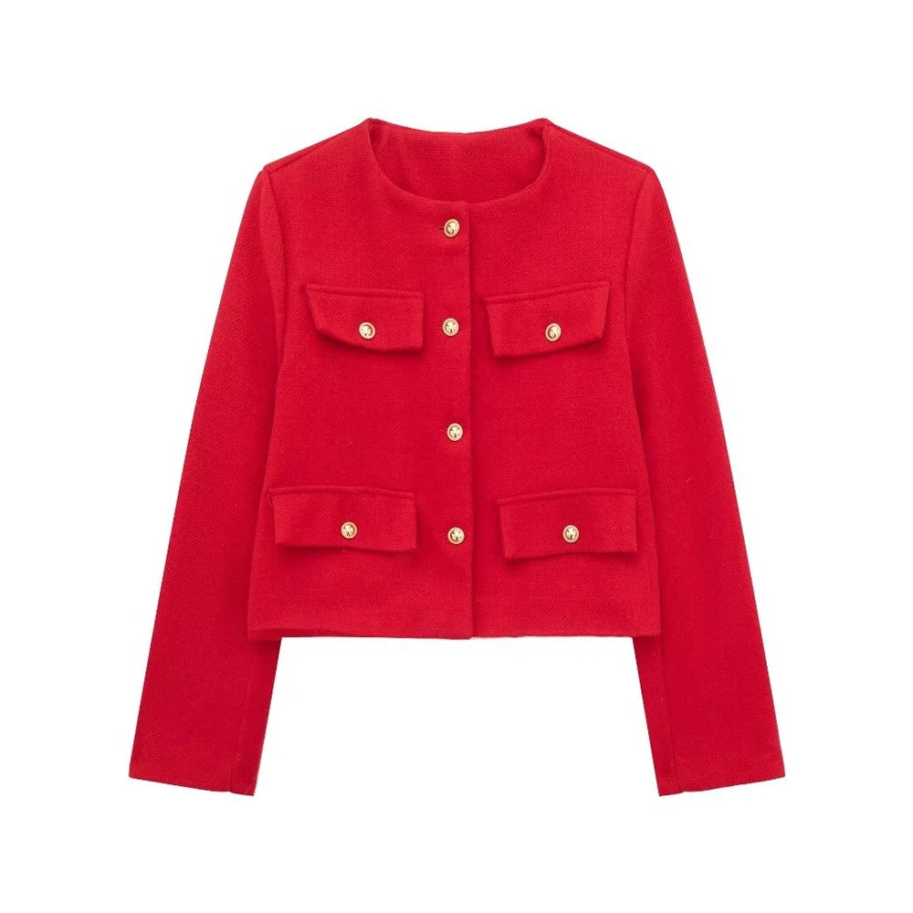 Women's Golden Button Jacket Coat, O Neck, Long Sleeve, Female Outerwear, Chic Tops, Fashion