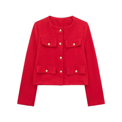 Women's Golden Button Jacket Coat, O Neck, Long Sleeve, Female Outerwear, Chic Tops, Fashion