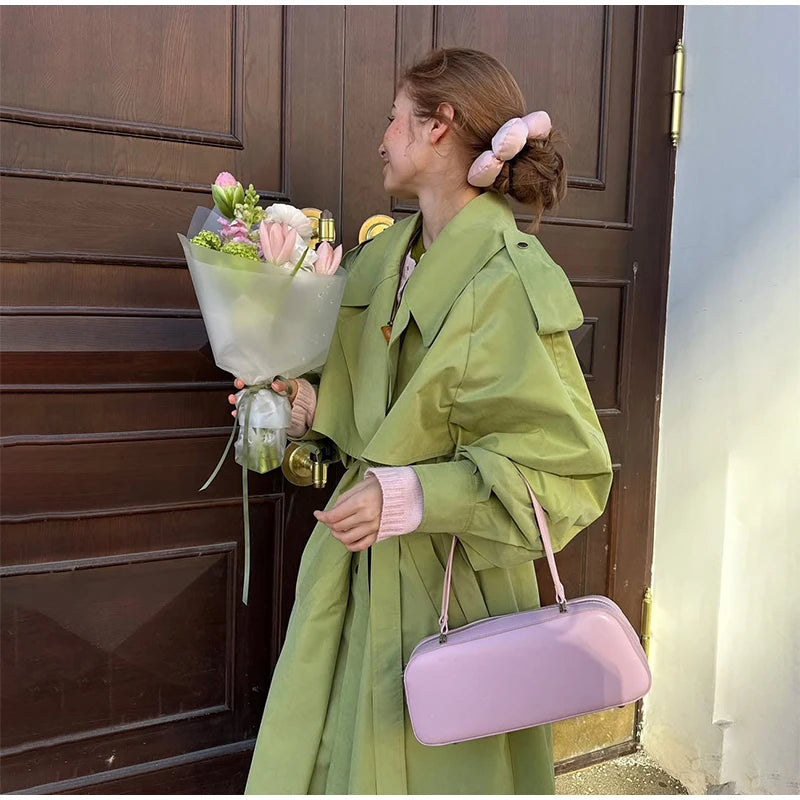 Women Green Lapel Trench Coat Fashion Belted Long Sleeve Loose Outerwear Chic 2025 New Autumn Street Travel Leisure Lady Outwear