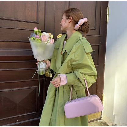 Women Green Lapel Trench Coat Fashion Belted Long Sleeve Loose Outerwear Chic 2025 New Autumn Street Travel Leisure Lady Outwear