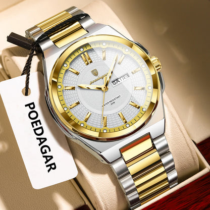 POEDAGAR Top Business Men's Watches Stainless Steel Waterproof Luminous Man Watch Date Week Quartz Casual Fashion Men Wristwatch