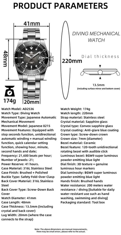 ADDIESDIVE Automatic Watch for Men Sapphire AR Coated 20Bar Supper Luminous Wristwatch Sports Mechanical Watches New AD2536