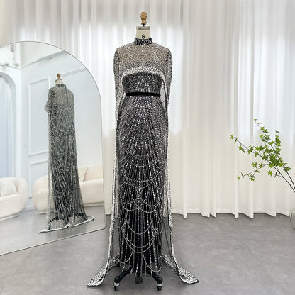 Sharon Said Luxury Pearls Dubai Champagne Evening Dresses with Cape New Arabic Women Mermaid Wedding Party Prom Dress SS369