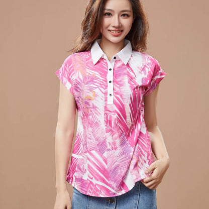 Women Spring Summer Style Chiffon Blouses Shirt Lady Casual Short Sleeve Turn-down Collar Printed Casual Loose Tops DF3548
