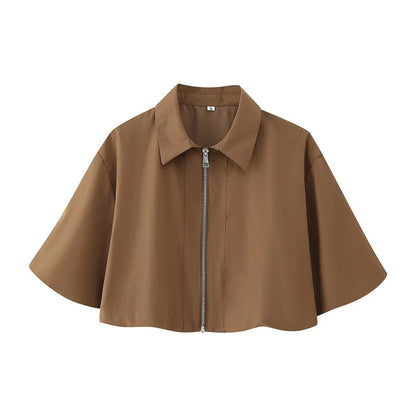 Women's Autumn New Short Zipper Jacket Short Sleeved Top High Waisted Pleated Lantern Flower Bud Half Skirt Set