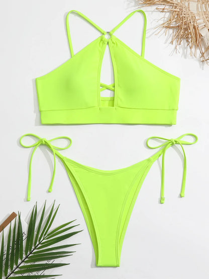 2025 Sexy Orange Bikini Hollow Out Push Up Two-Piece Swimsuit Women Halter Bandage Backless Thong Swimwear Summer Beachwear New