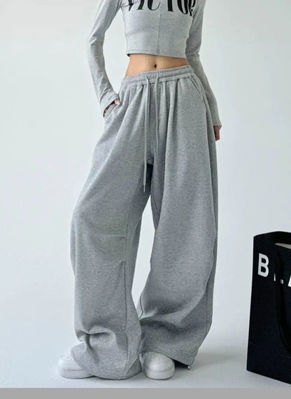 2025 New Harajuku Wide Leg Sweatpants Women Streetwear Baggy Oversize Gray Sports Pants Woman Drawstring Casual Joggers Trousers