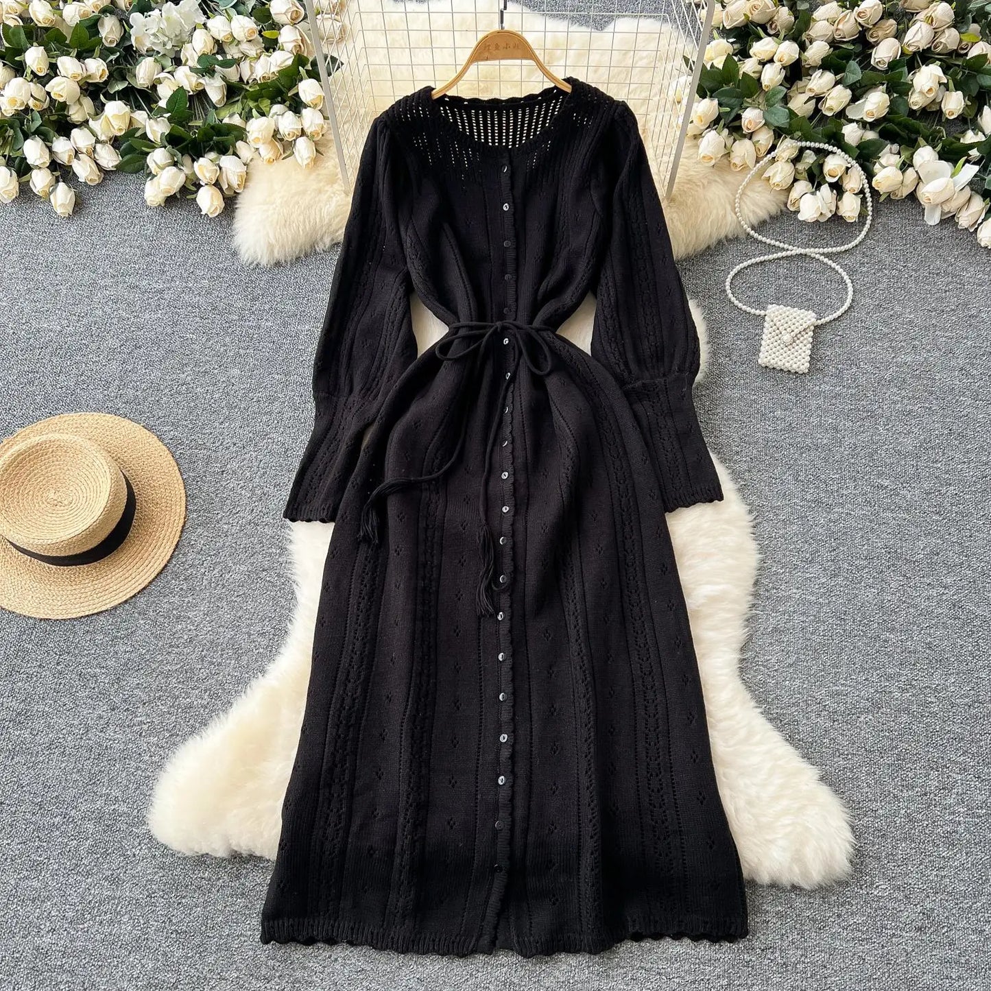 Women's Solid Single Breasted Hollow Out Knit Lace-up Dress Autumn Fashion Round Neck Elegant Festival Sweater Long Dresses 2024