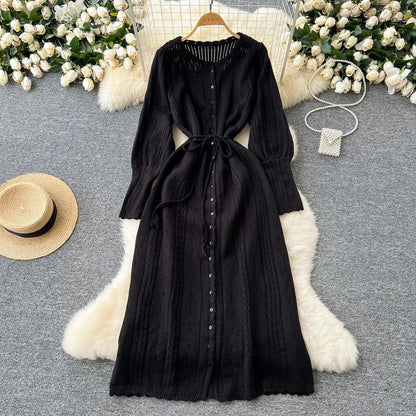 Women's Solid Single Breasted Hollow Out Knit Lace-up Dress Autumn Fashion Round Neck Elegant Festival Sweater Long Dresses 2024