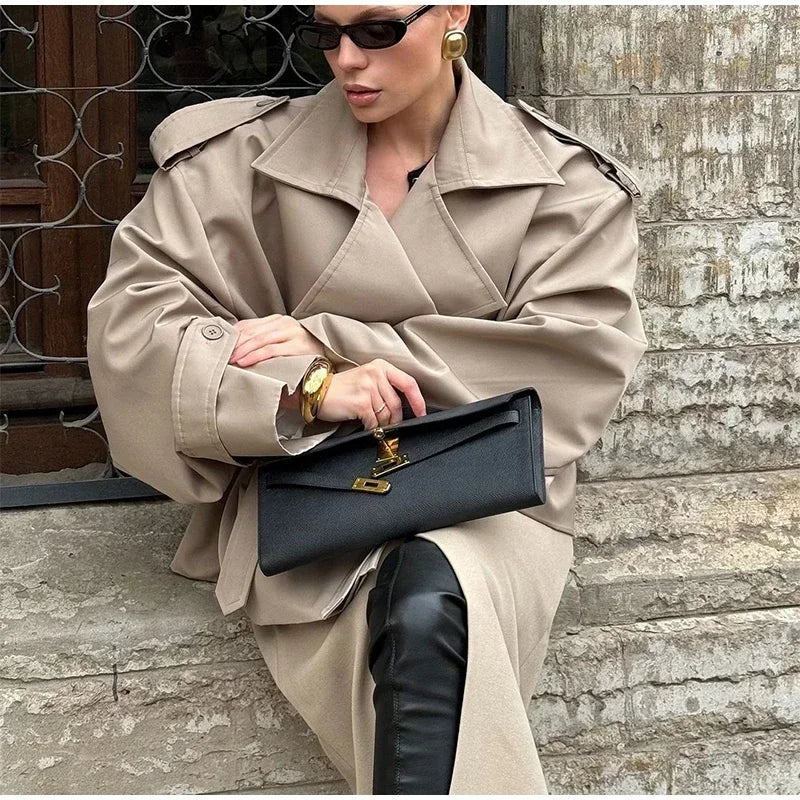Solid Lapel Belted Windbreaker Chic Full Sleeve Button Loose Long Coat For Women 2025 New Office Lady Daily Commute Overcoats